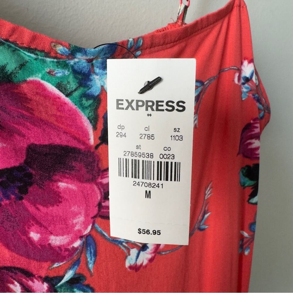 Express Floral Mini Faux Rap Dress adjustable spaghetti straps tropical ruffle M - Picture 7 of 15